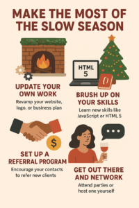 Illustration of a cozy winter fireplace scene with soft holiday décor, representing the slow season and preparation for the new year.