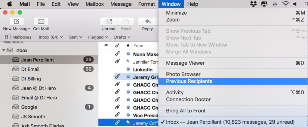 Mac Mail - Previous Recipients Screen