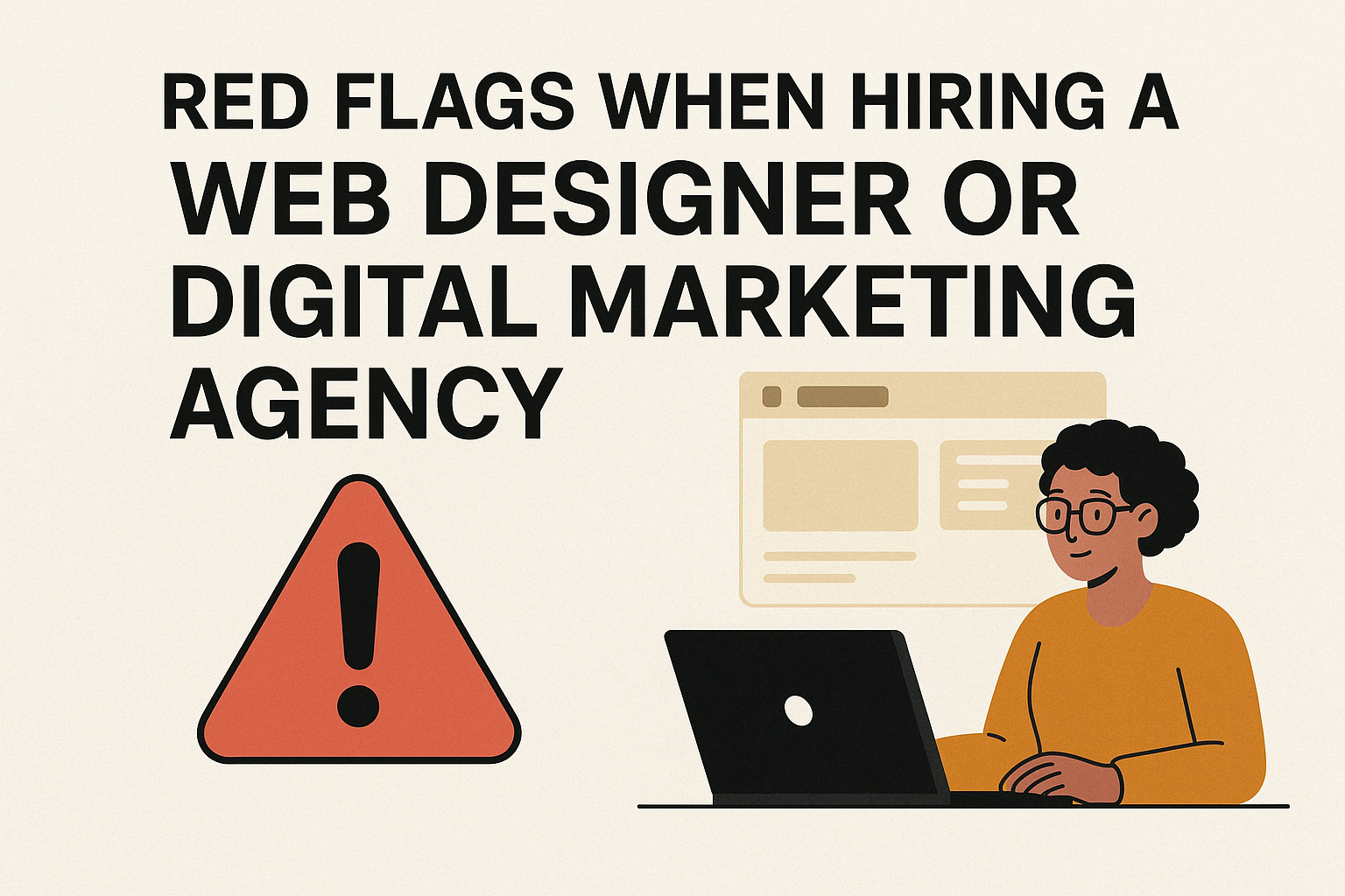 Graphic highlighting red flags to watch for when hiring a web designer or digital marketing agency.