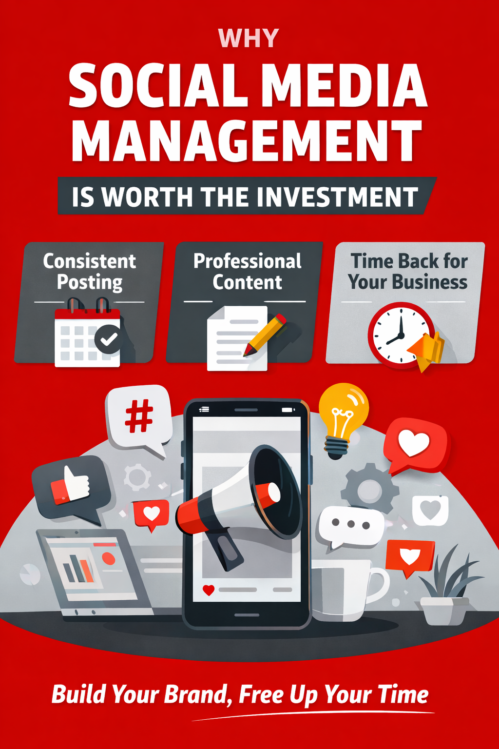 Graphic explaining why social media management is worth the investment for small businesses, focusing on consistency, professional content, and time savings.